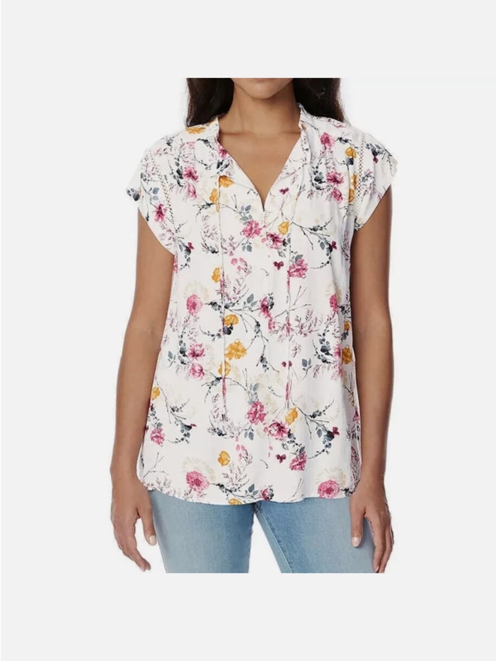 Buffalo David Bitton White Floral Split V-Neck Blouse with Pink & Yellow Blooms